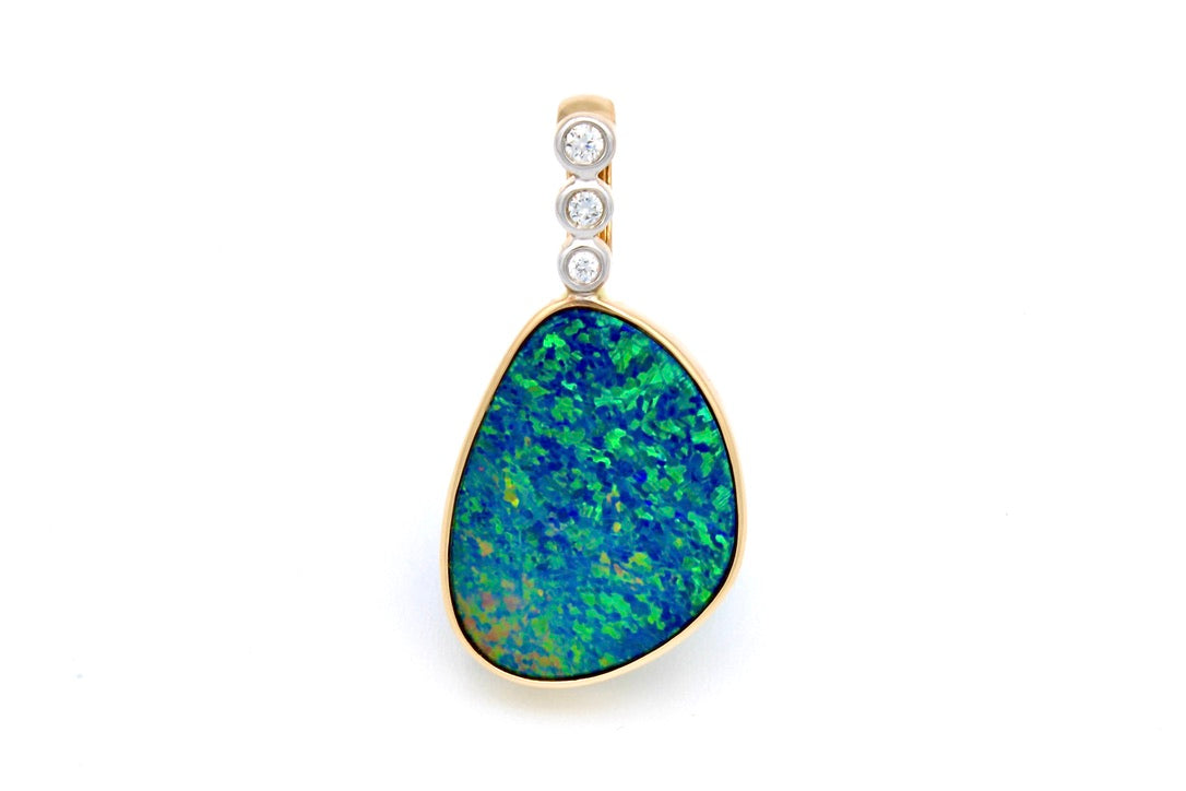 14K Yellow Gold Opal Pendant with 3 Diamonds (With Adjustable 14K YG Chain)