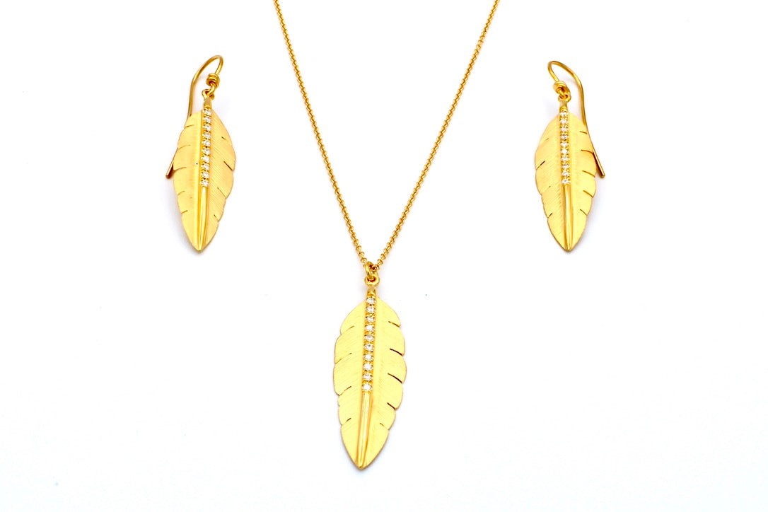 14K Yellow Gold Feather Set: Pendant & Earrings