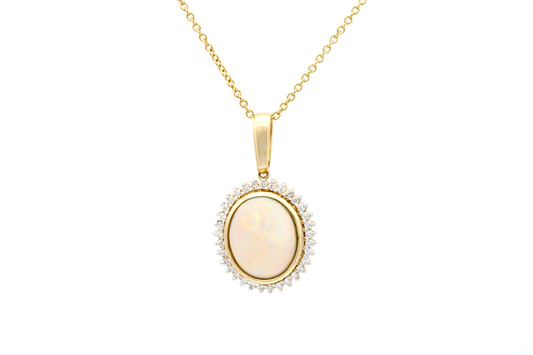 14K Yellow Gold Solid Opal Pendant with Diamonds (With Adjustable 14K YG Chain)