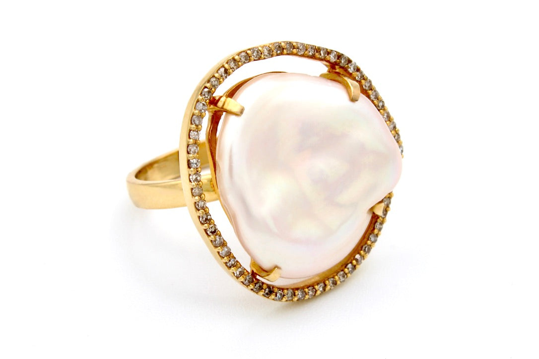 14K Yellow Gold Pearl & Diamond Ring