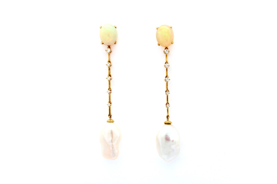 14K Yellow Gold Opal & Pearl Earrings with Diamonds