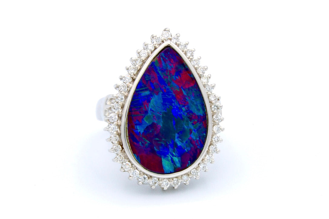 18K White Gold Pear Opal Doublet & Diamond Halo Cocktail Ring