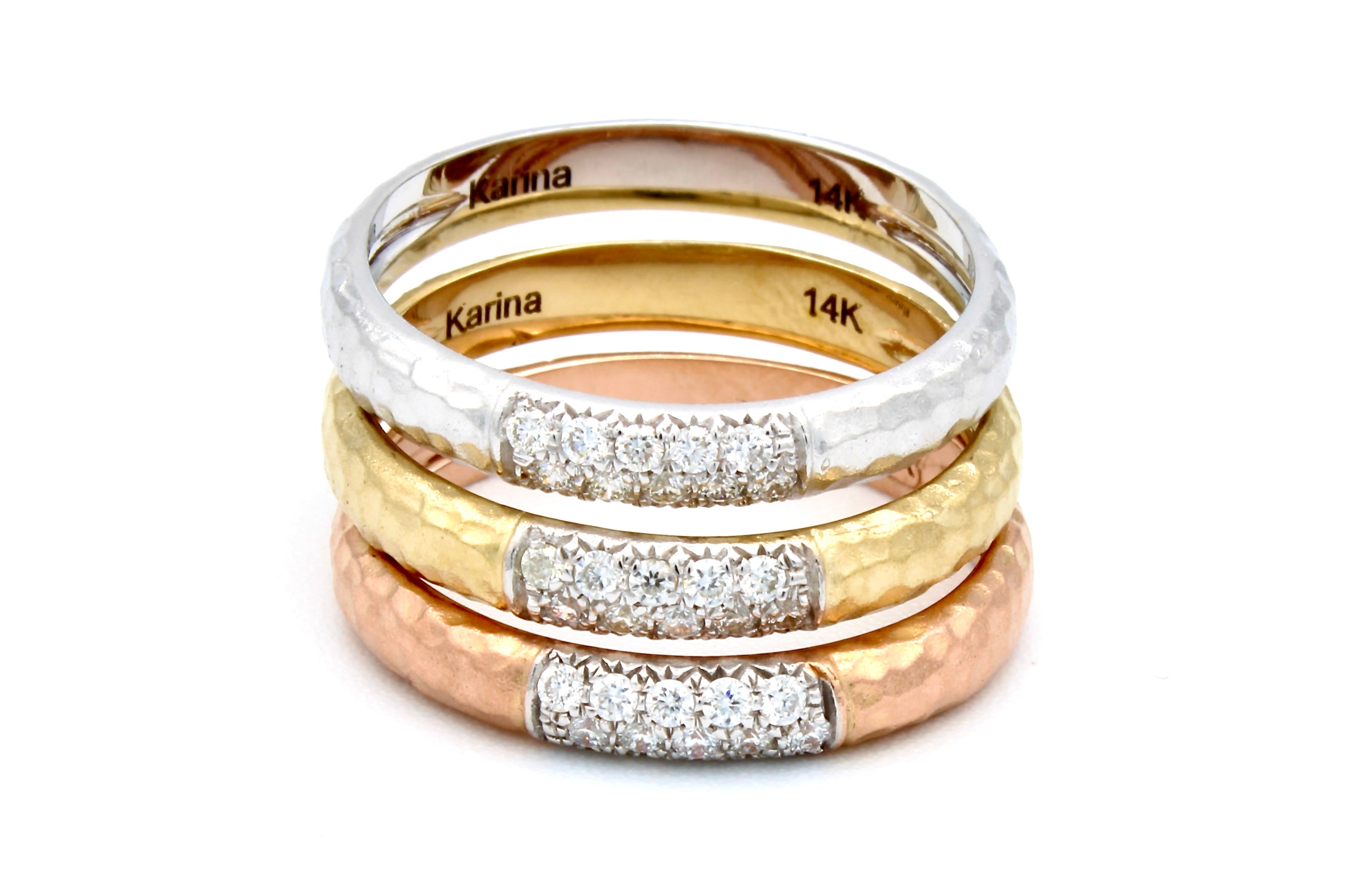 14K Tri-Color Hammered Diamond Stacking Ring Set
