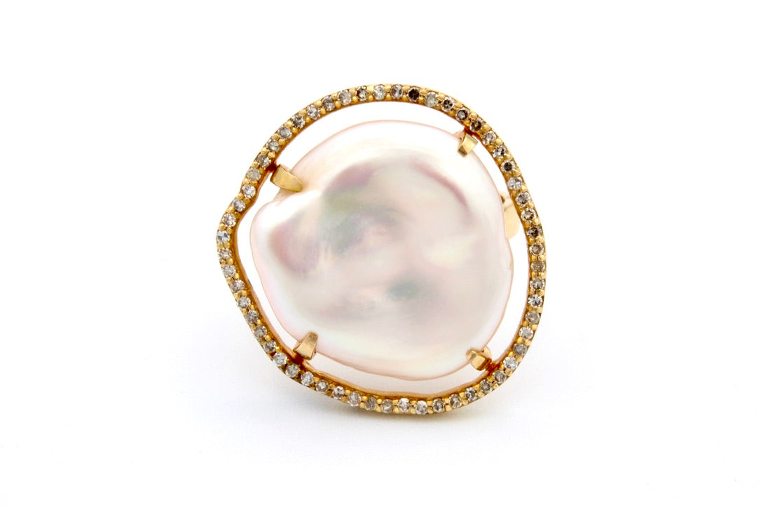 14K Yellow Gold Pearl & Diamond Ring