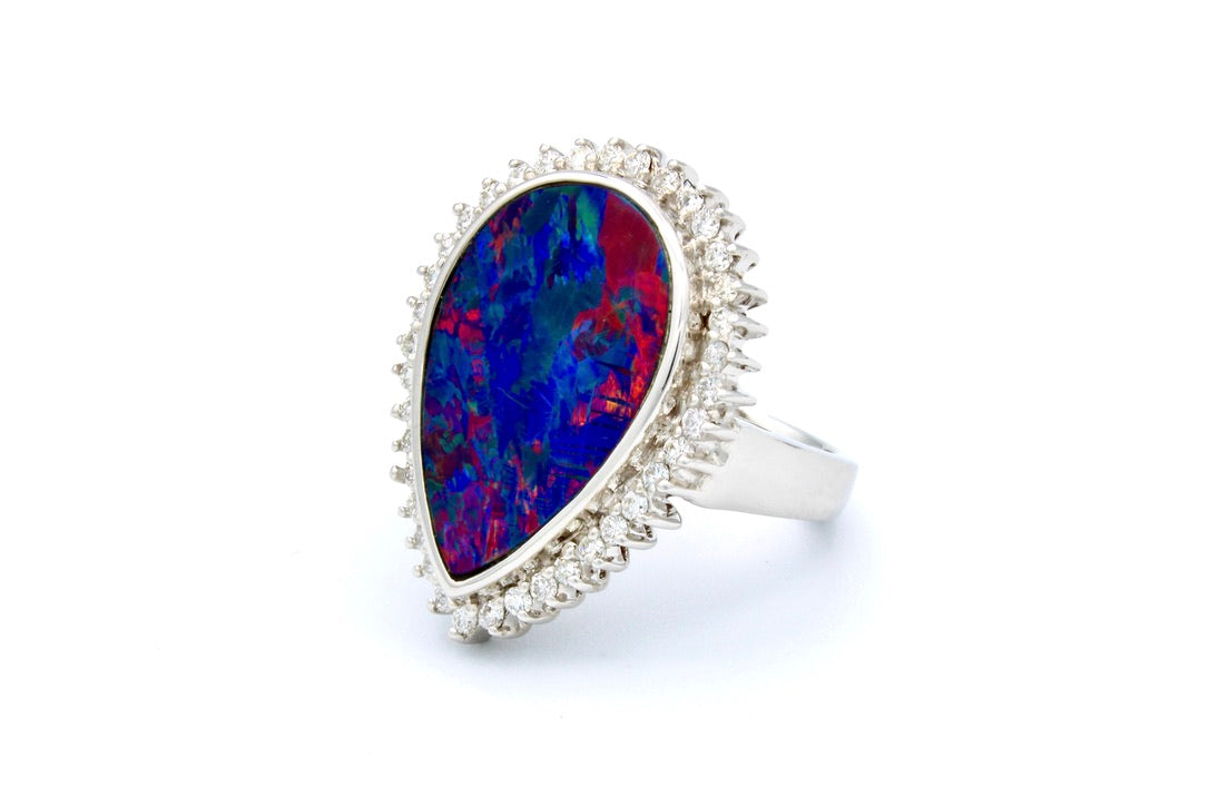18K White Gold Pear Opal Doublet & Diamond Halo Cocktail Ring