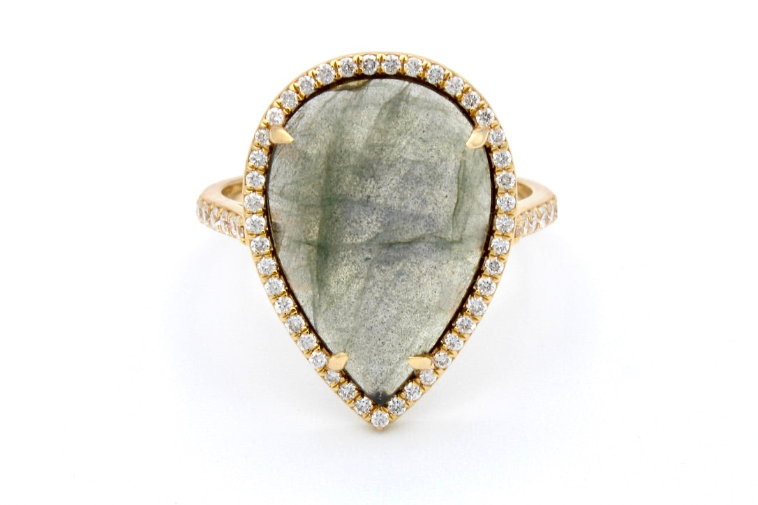 18K Yellow Gold Rose-Cut Pear Labradorite & Diamond Halo Ring