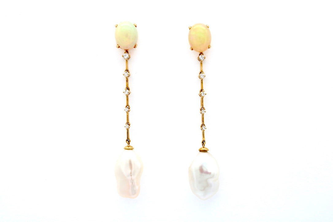 14K Yellow Gold Opal & Pearl Earrings with Diamonds