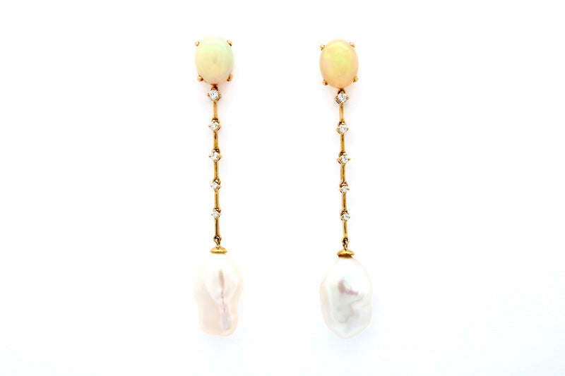 14K Yellow Gold Opal & Pearl Earrings with Diamonds