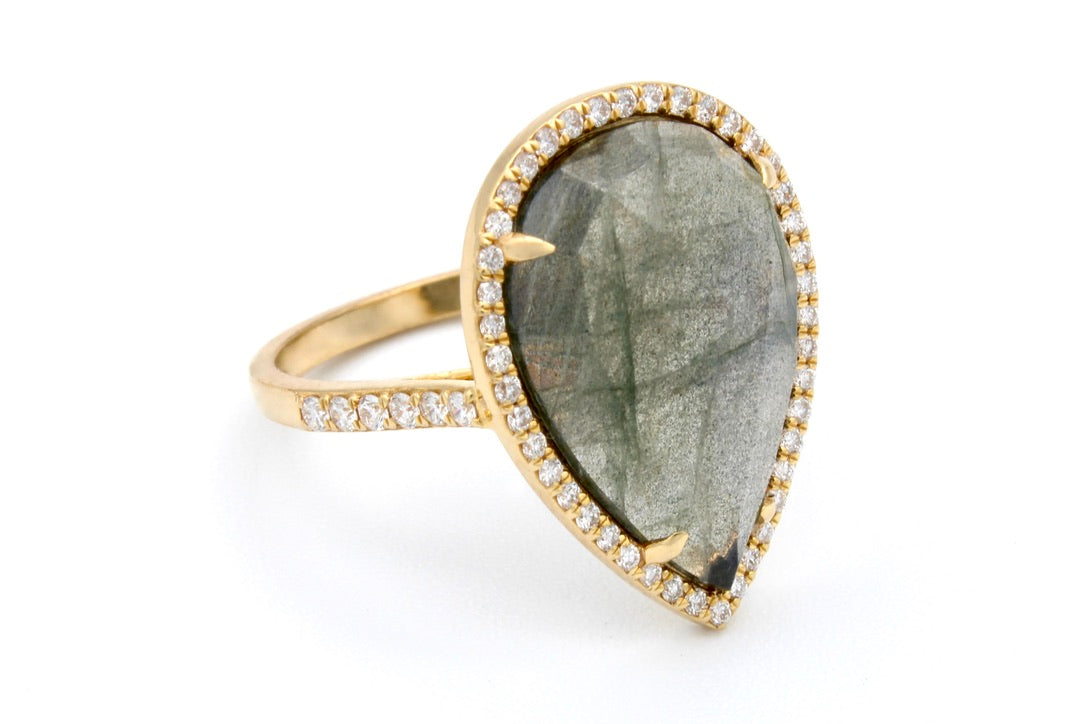 18K Yellow Gold Rose-Cut Pear Labradorite & Diamond Halo Ring