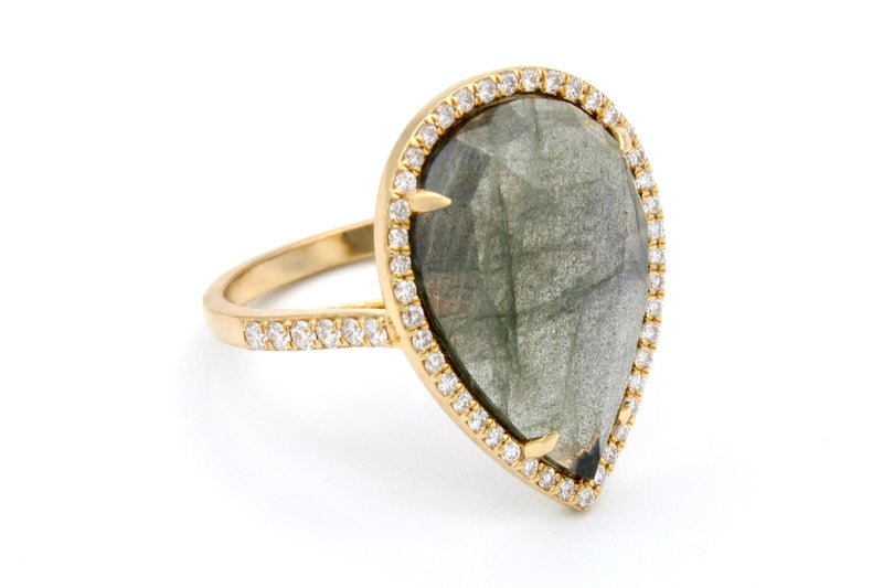 18K Yellow Gold Rose-Cut Pear Labradorite & Diamond Halo Ring