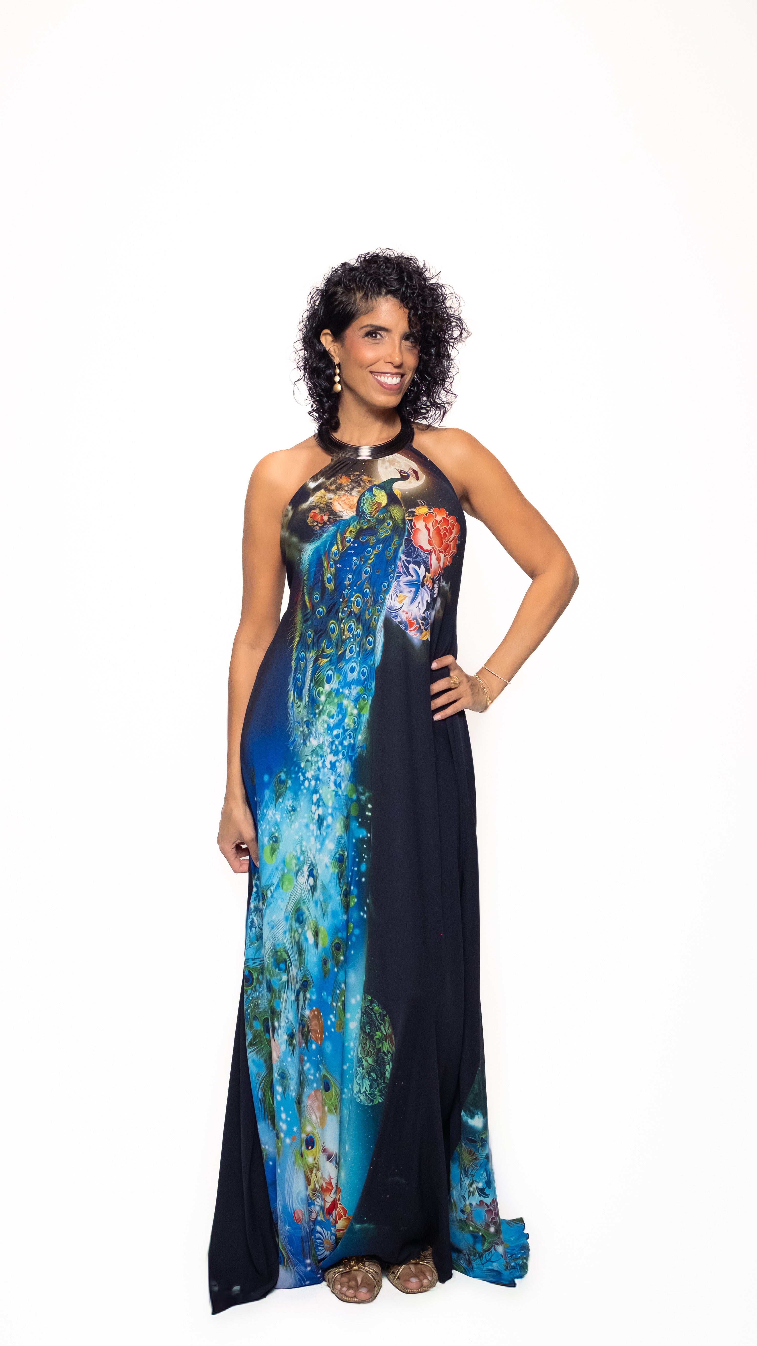 Midnight Hibiscus Long Halter Dress