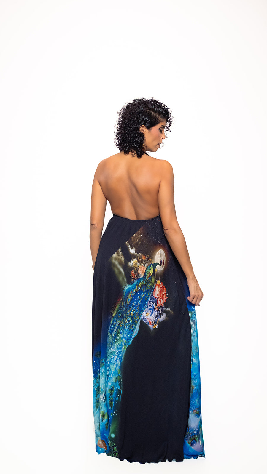 Midnight Hibiscus Long Halter Dress