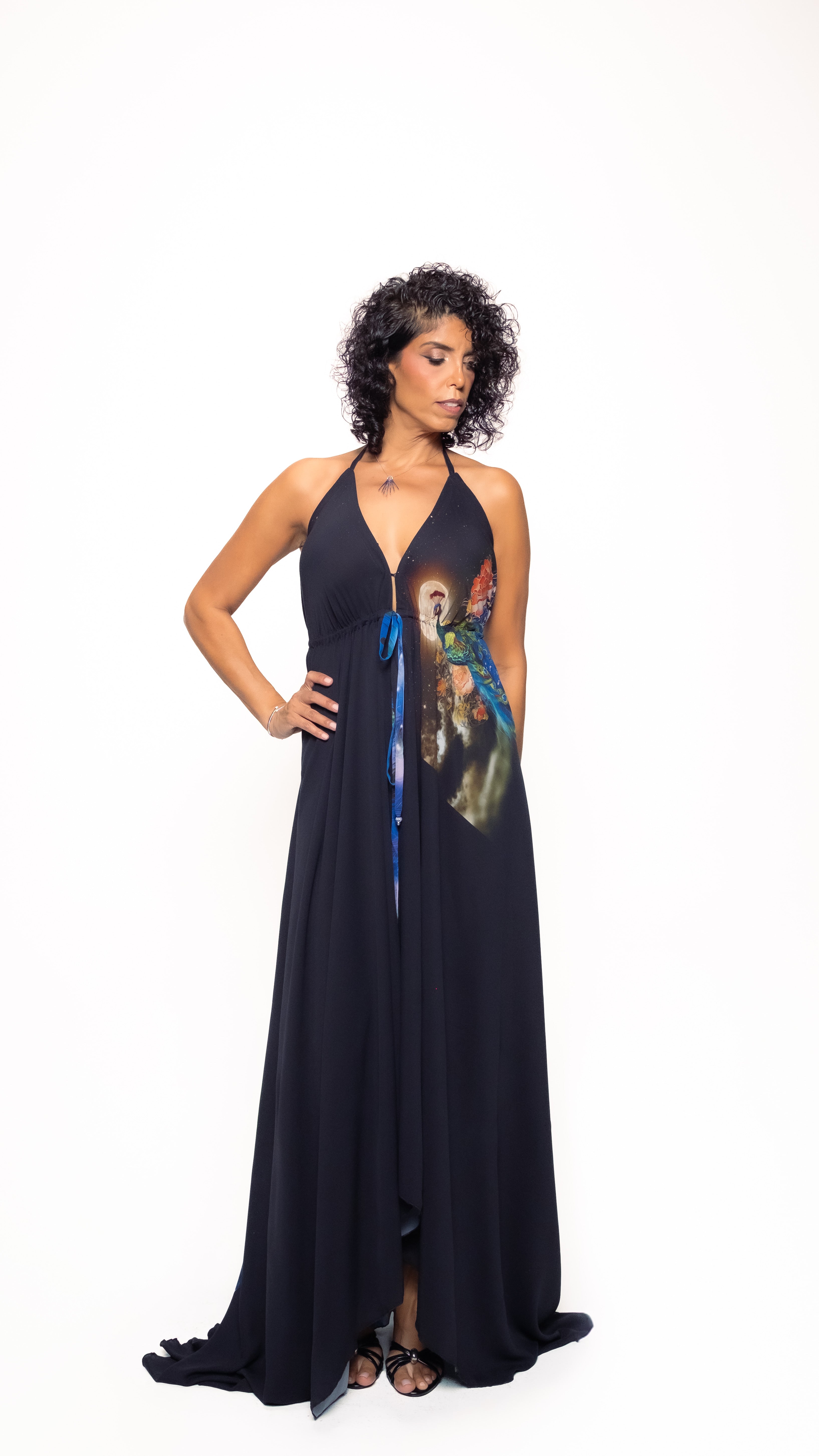 Midnight Peacock Long Halter Dress