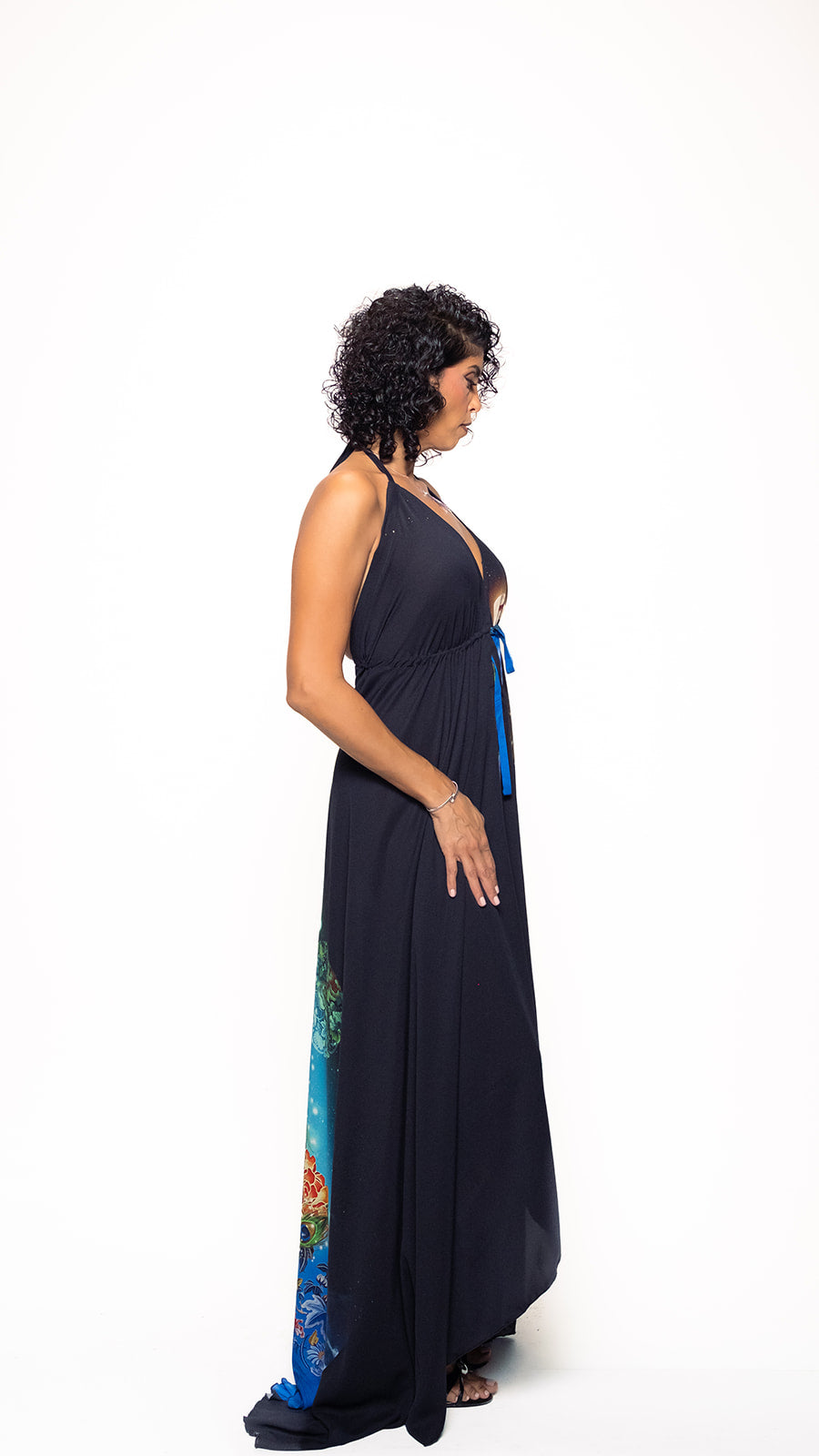 Midnight Peacock Long Halter Dress