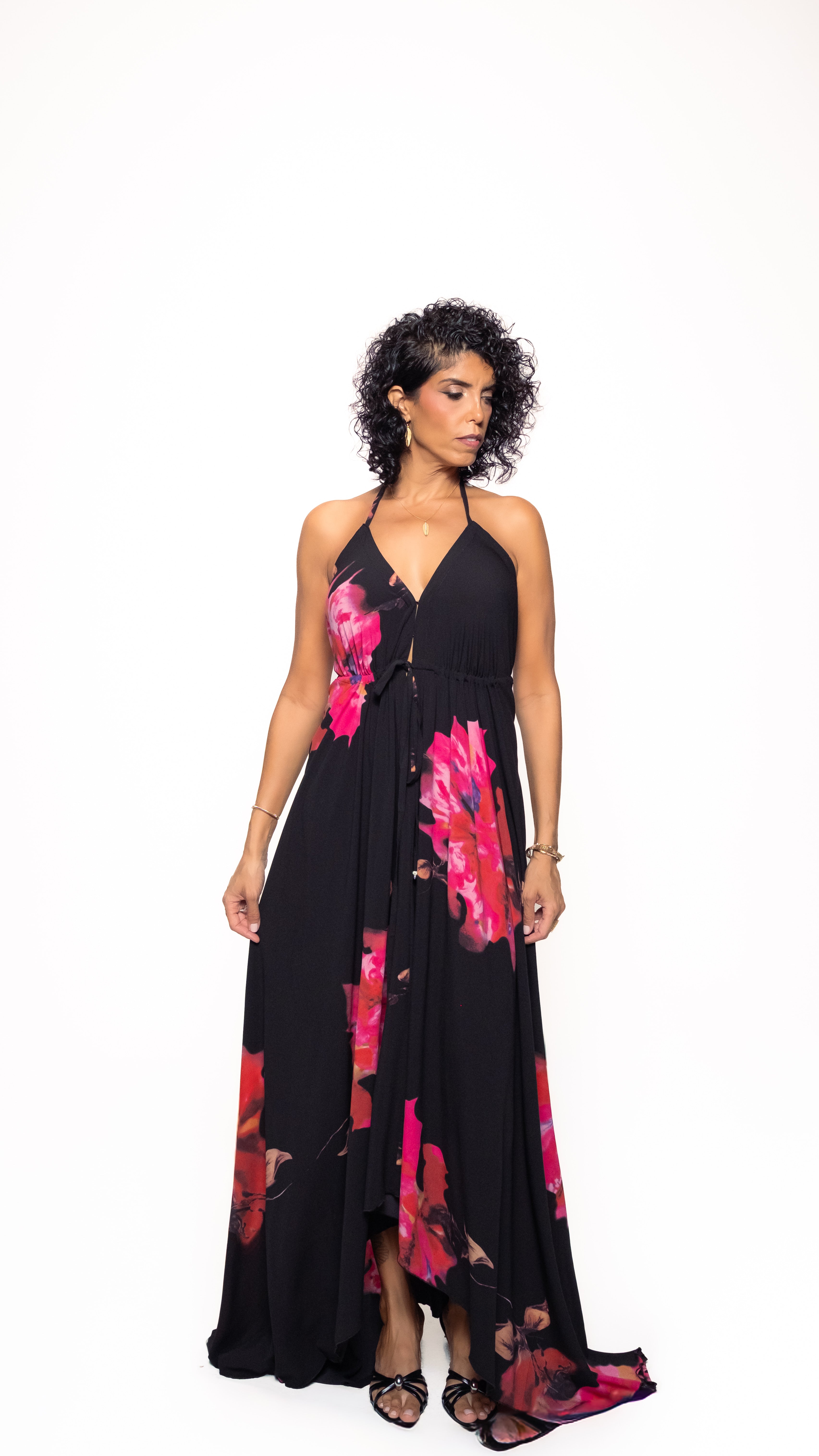 Midnight Hibiscus Long Halter Dress