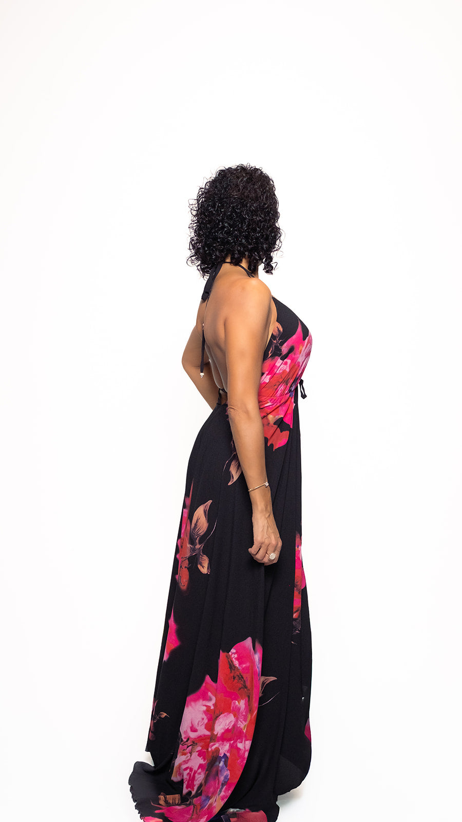 Midnight Hibiscus Long Halter Dress