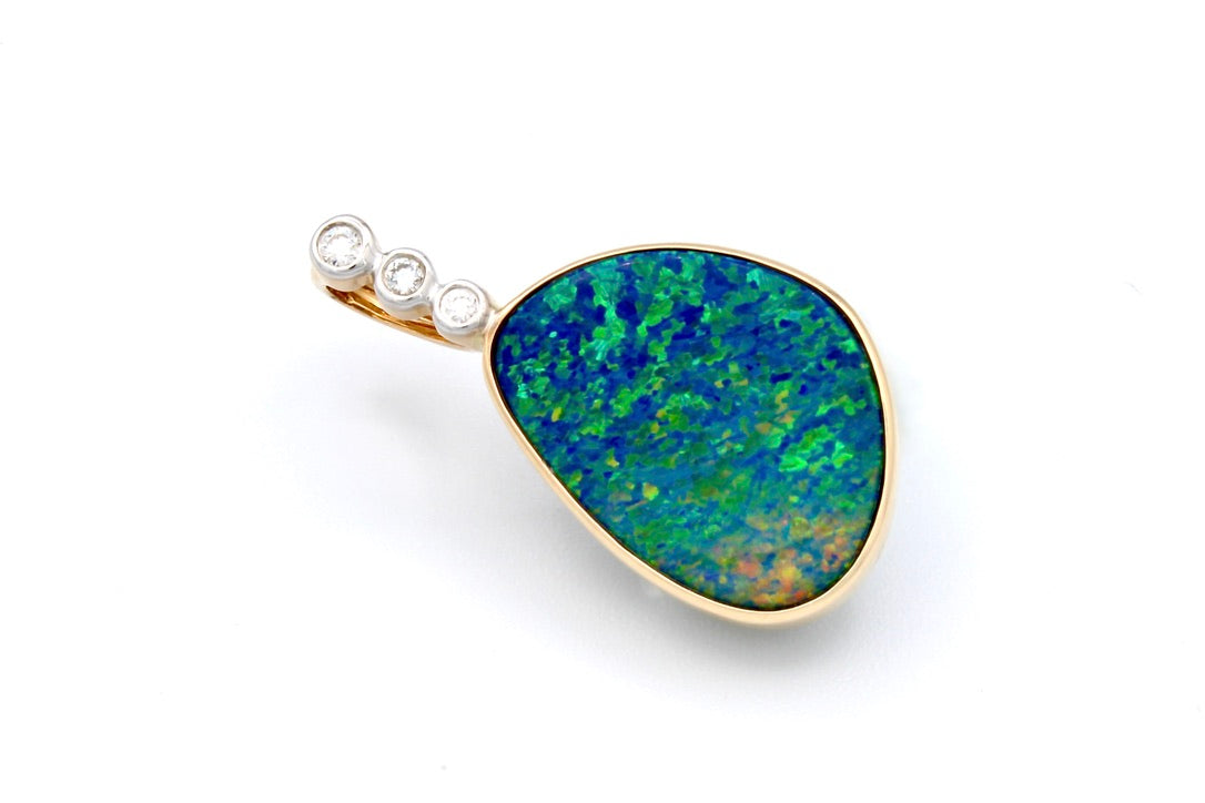 14K Yellow Gold Opal Pendant with 3 Diamonds (With Adjustable 14K YG Chain)