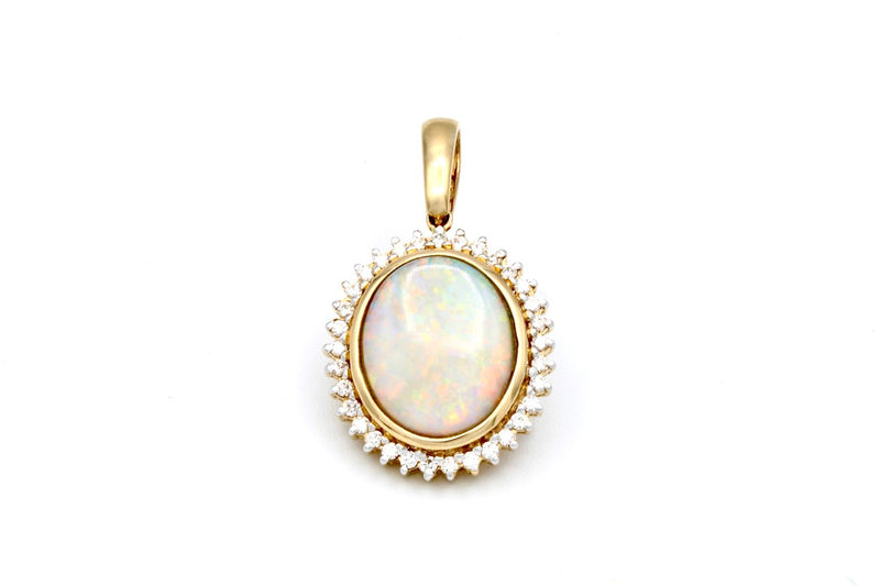14K Yellow Gold Solid Opal Pendant with Diamonds (With Adjustable 14K YG Chain)